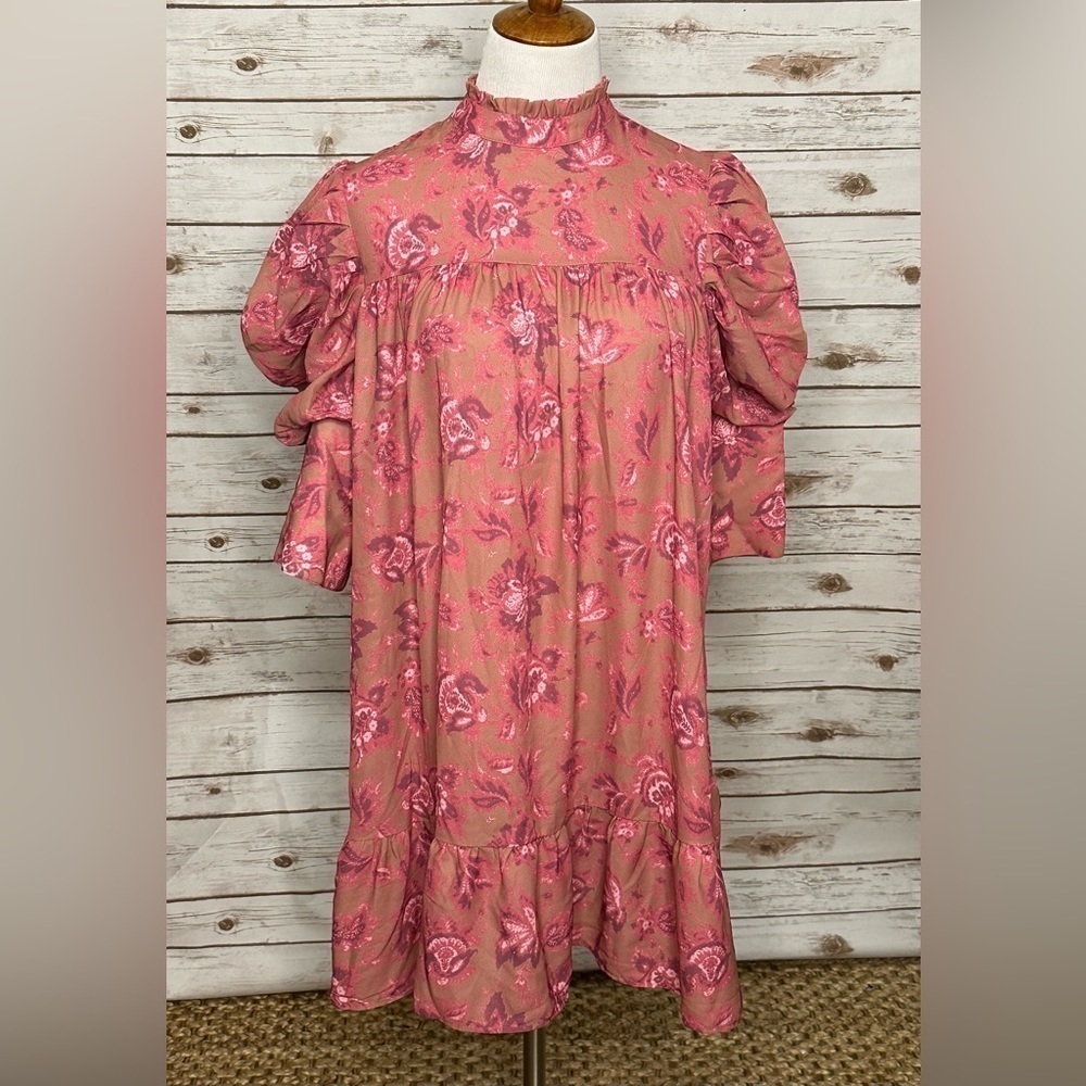 Boohoo red/tan floral printed puff sleeve ruffle neck babydoll dress